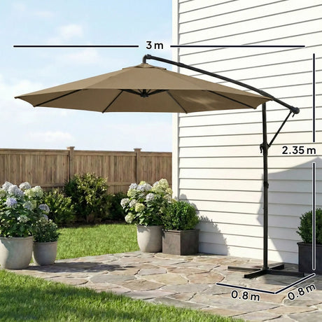 Outsunny 3 m Garden Cantilever Parasol with Cover, Round Overhanging Umbrella with 360 Rotation, Tilt, Khaki
