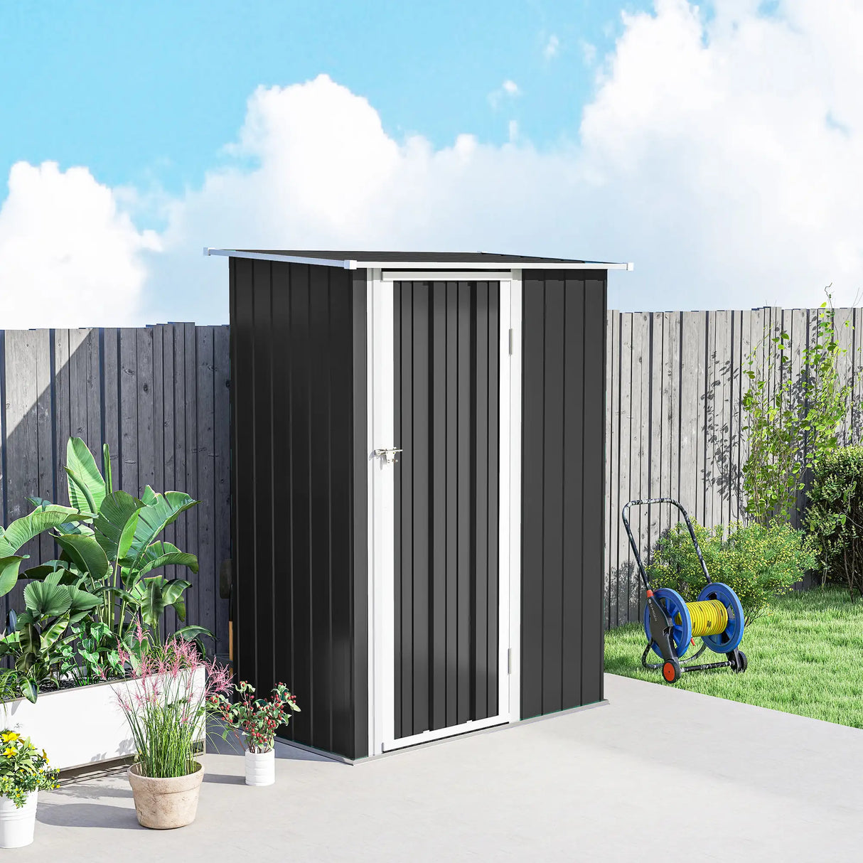 Outsunny 5ft x 3ft Metal Garden Storage Shed, Outdoor Tool Shed with Sloped Roof, Lockable Door for Tools, Equipment, Grey