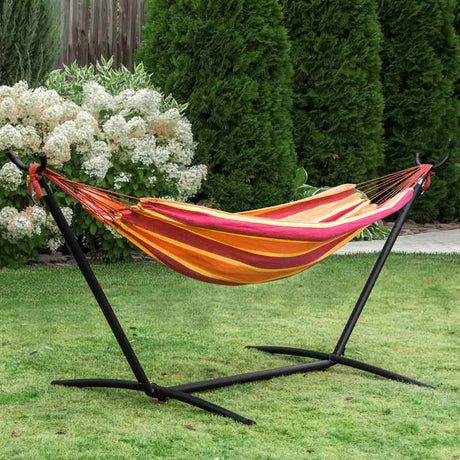 Outsunny 298 x 117cm Hammock with Stand Camping Hammock with Portable Carrying Bag, Adjustable Height, 120kg Load Capacity, Red Stripe