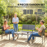 Outsunny 4 Piece Garden Furniture Set, Outdoor Sofa Set with HDPE Slatted Loveseat Armchairs Coffee Table Metal Frame, Dark Grey