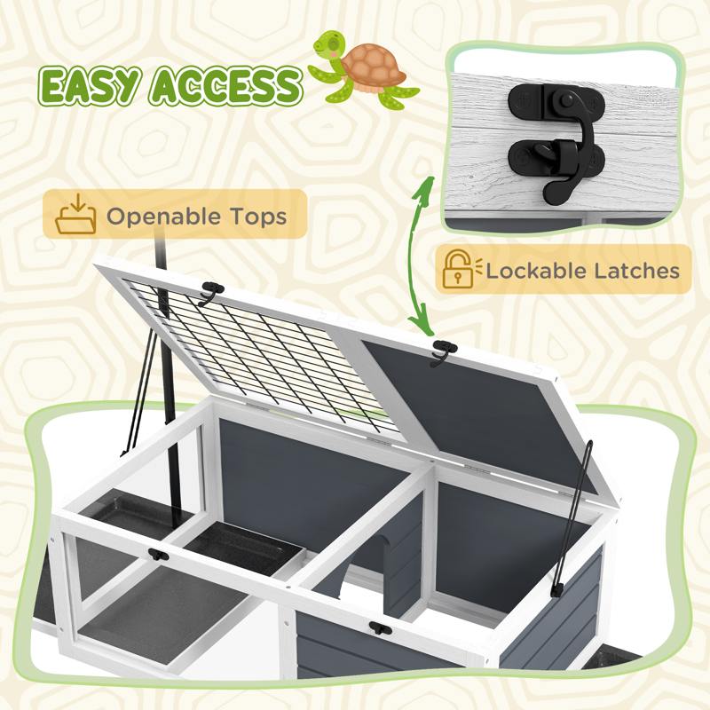 PawHut Tortoise Table with Adjustable Lamp Holder, Wooden Tortoise House w/ Openable Lids, Pull-Out Trays - Grey