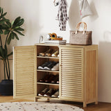 HOMCOM Bamboo Shoe Cabinet with Louvered Doors, 14 Pairs Shoe Storage Cabinet with Adjustable Shelves for Hallway, Natural