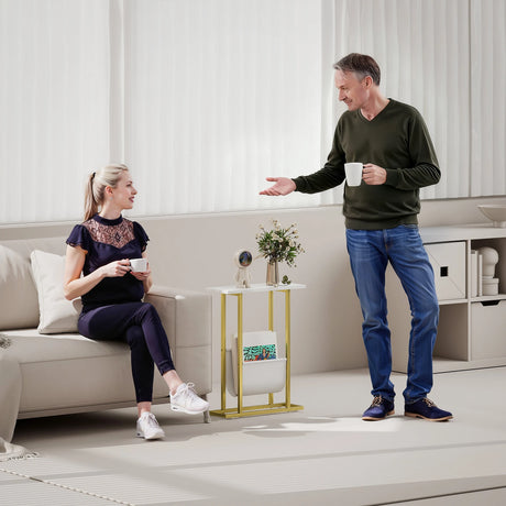 HOMCOM Narrow Side Table, End Table with Magazine Holder, Nightstand for Small Spaces, Living Room, Bedroom, White Marble Grain