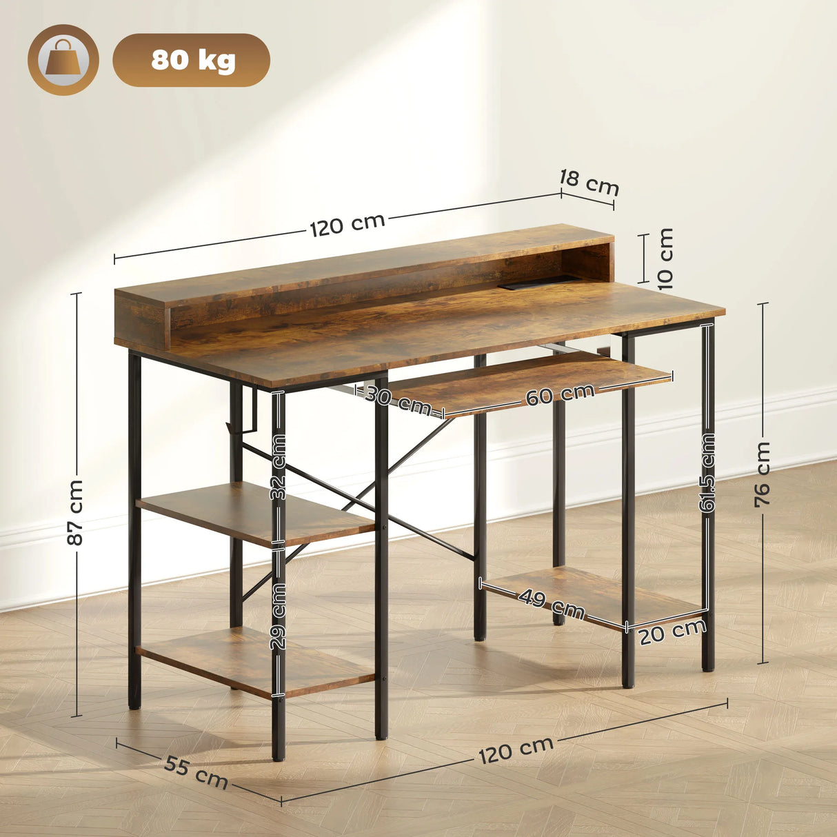 HOMCOM Computer Desk with LED Lights and Power Outlets, 120 x 55 cm Gaming Desk with Monitor Stand, Sliding Keyboard Tray and Storage Shelves for Home Office, Rustic Brown
