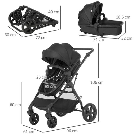 HOMCOM Foldable Baby Stoller, with Reclining Backrest, Adjustable Canopy, for Ages 0-36 Months - Black