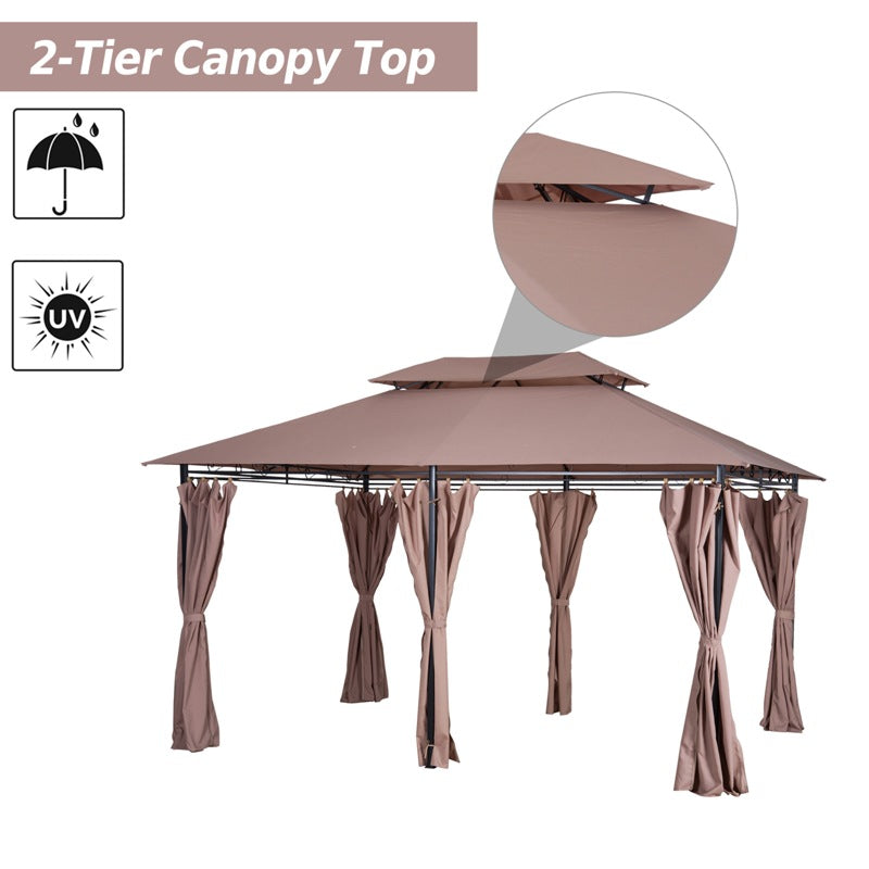 Outsunny 4m x 3(m)Garden Gazebo, Double Roof Outdoor Gazebo Canopy Shelter with Curtains, Solid Steel Frame for Lawn and Deck, Brown