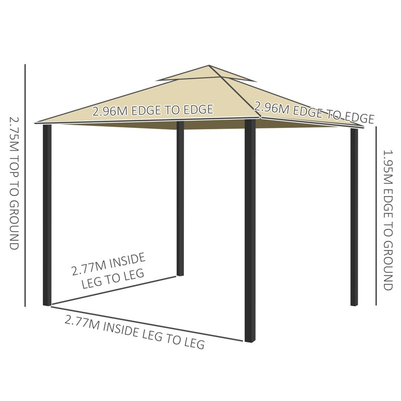 Outsunny 3 x 3(m) Patio Gazebo Canopy Garden Pavilion Tent Shelter with 2 Tier Water Repellent Roof, Mosquito Netting and Curtains, Aluminium Frame, Beige