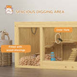 PawHut Wooden Hamster Cage with Water Bottle, Platforms, Openable Roof, Sliding Tray, Hut, Seesaws, Natural Wood Finish