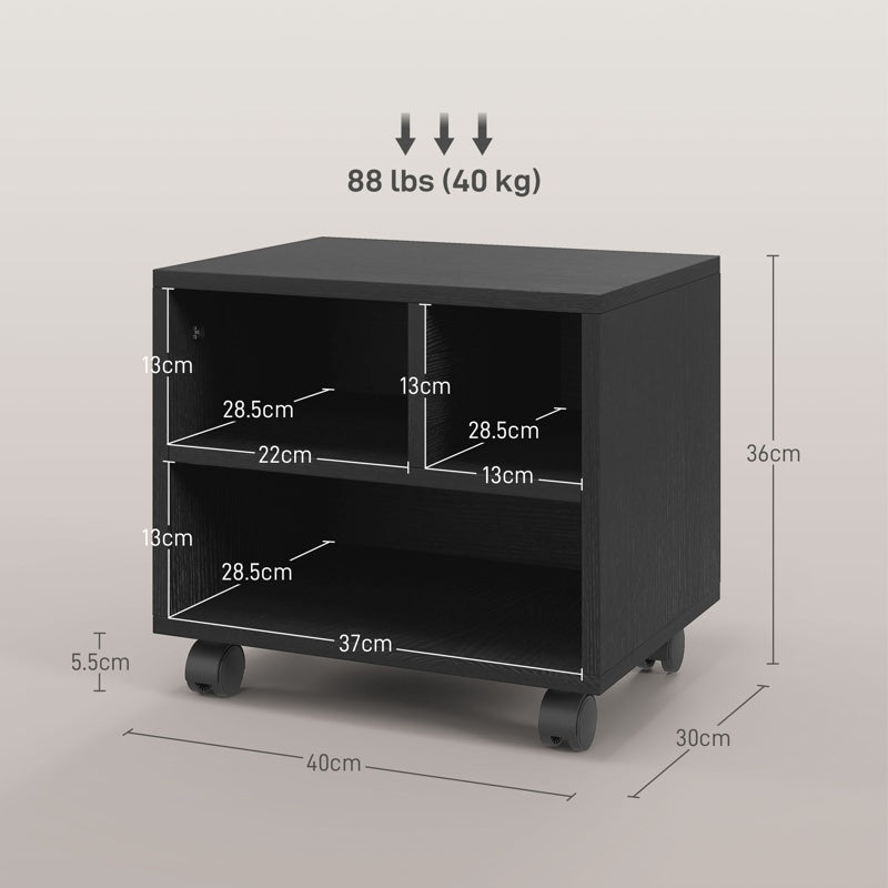 HOMCOM Three-Compartment Printer Cabinet, with Wheels - Black