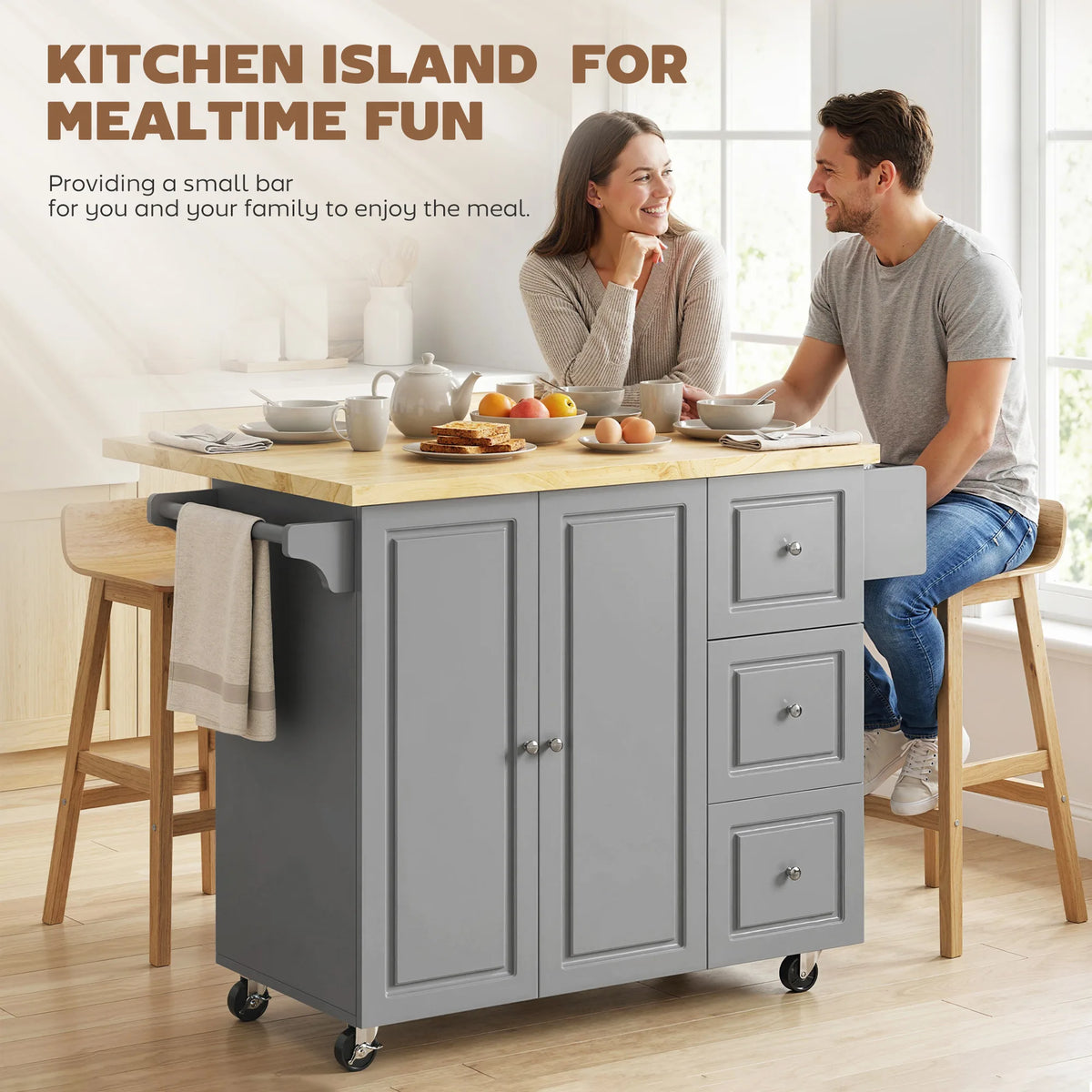HOMCOM Kitchen Island on Wheels, Rolling Kitchen Storage Trolley with Drop Leaf, Drawers, Towel and Spice Rack, Grey