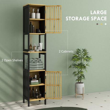 HOMCOM Bamboo-Blend Retro Cut-Out Tall Bathroom Storage Unit