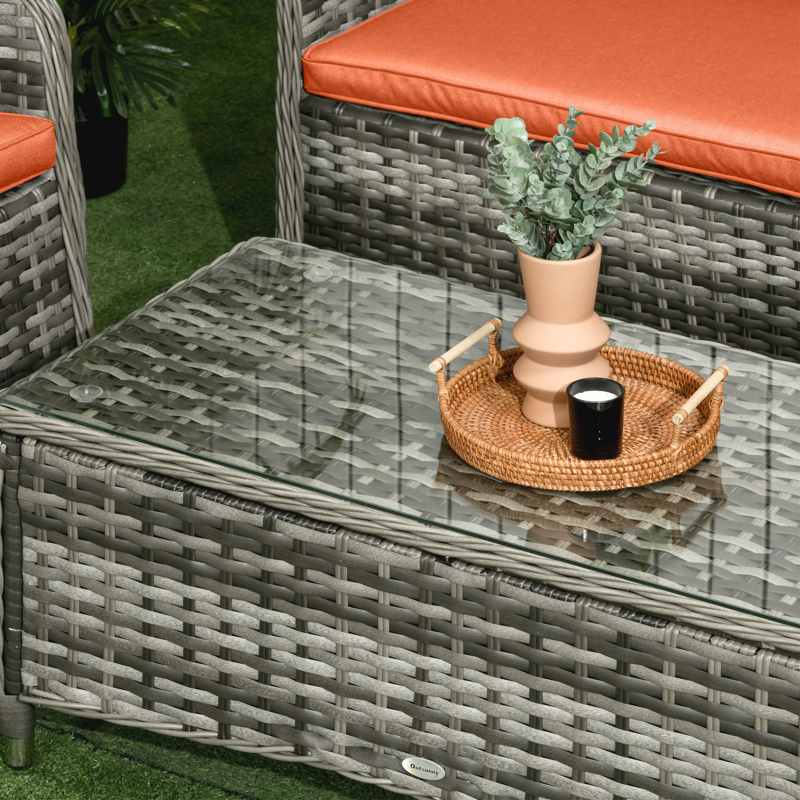 Outsunny Four-Piece Rattan Sofa Set, with Glass-Top Table - Orange