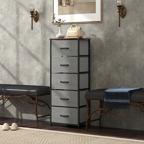 HOMCOM Fabric Chest of Drawers, Industrial Bedroom Dresser with 5 Fabric Drawers, Steel Frame and Wooden Top for Nursery, Living Room, Hallway, Rustic Brown and Grey