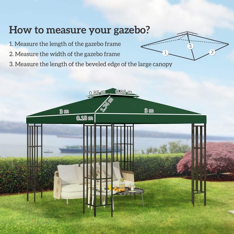 Outsunny 3(m) Gazebo Top Cover Double Tier Canopy Replacement Pavilion Roof Dark Green