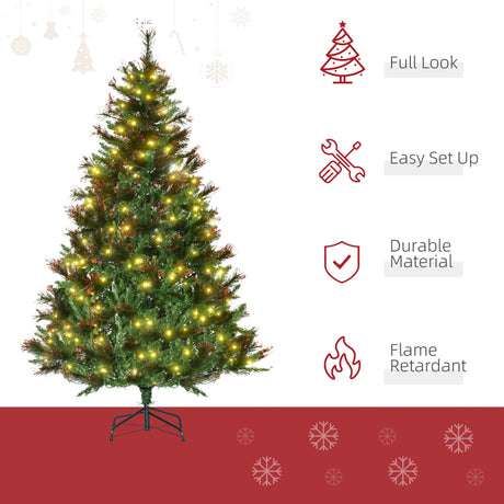 HOMCOM 1.8m 6ft Pre-Lit Christmas Tree Artificial Spruce Xmas Tree Warm White LED Holiday Dcor with Metal Stand
