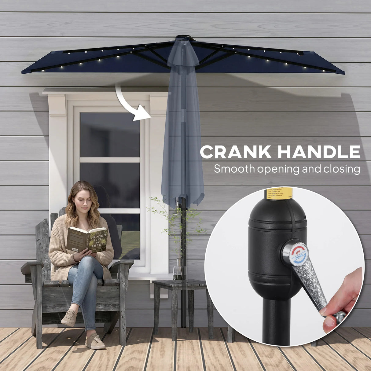 Outsunny 2.6 m Half Garden Parasol with Solar LED Lights, UPF50+ Semi Round Umbrella with 30 Tilt, Crank Handle, Dark Blue