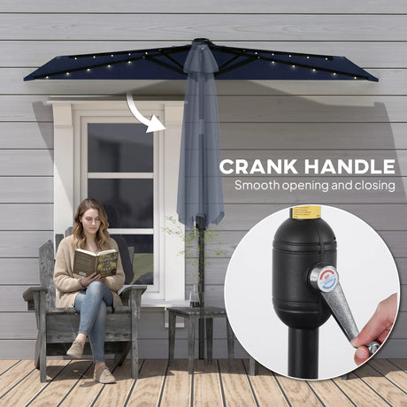 Outsunny 2.6 m Half Garden Parasol with Solar LED Lights, UPF50+ Semi Round Umbrella with 30 Tilt, Crank Handle, Dark Blue