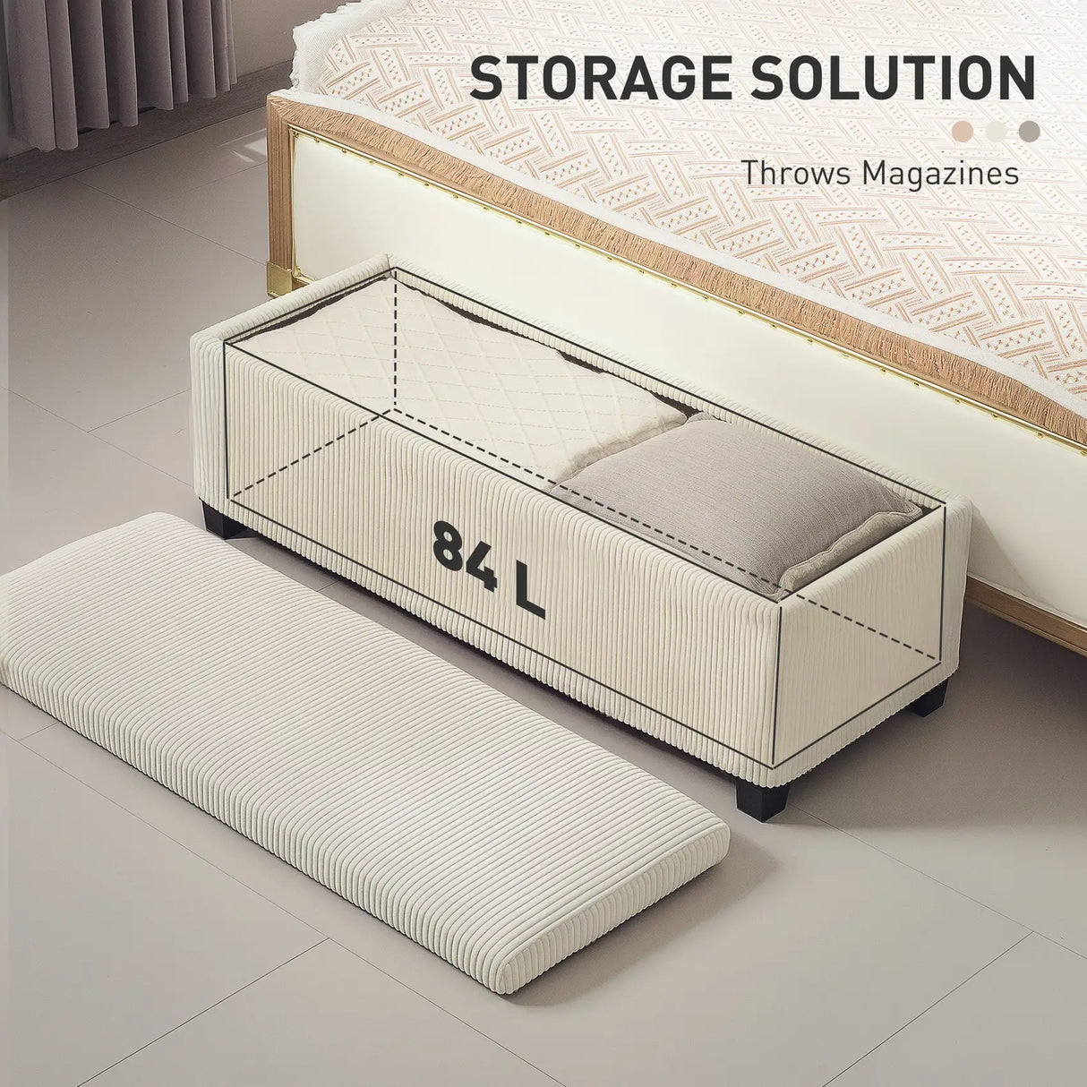 HOMCOM Storage Ottoman Bench, Corduroy Footstool with Removable Lid and Legs, 112cm Storage Chest Box for Living Room, Bedroom, Hallway, Beige