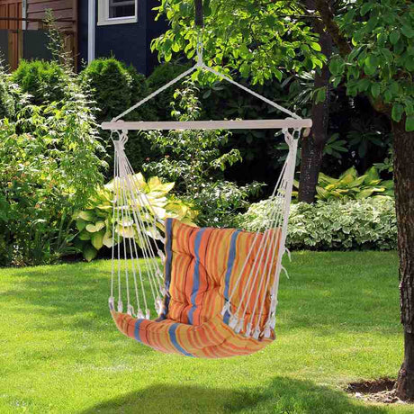 Outsunny Outdoor Hanging Rope Chair with Soft Padded Seat & Backrest, Garden Hammock Chair with Wooden Support Bar Cotton Cloth, Portable Garden Chair for Patio & Tree, Orange