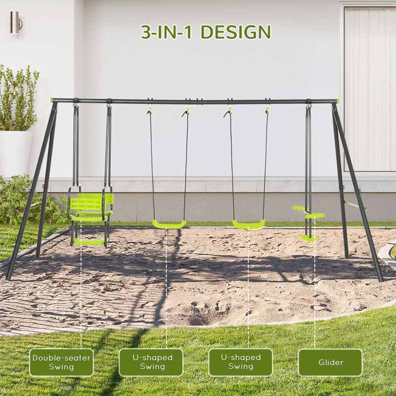 Outsunny Metal Garden Swing Set with Double Swings, Glider, Swing Seats - Green