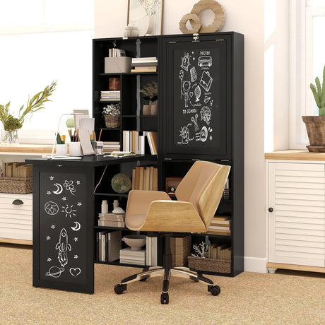 HOMCOM Three-Part Work Desk, with Storage and Chalkboard - Black