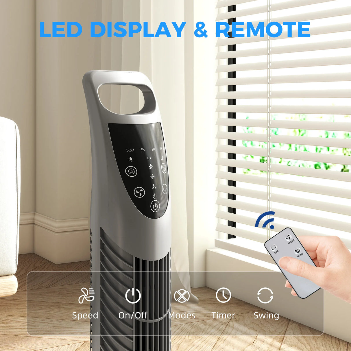 HOMCOM Tower Fan Oscillating 3 Speeds 3 Winds 40W w/ RC Timer Quiet - Grey