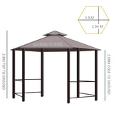 Outsunny 3 x 3(m) Hexagon Gazebo Patio Canopy Party Tent Outdoor Garden Shelter w/ 2 Tier Roof & Side Panel - Brown