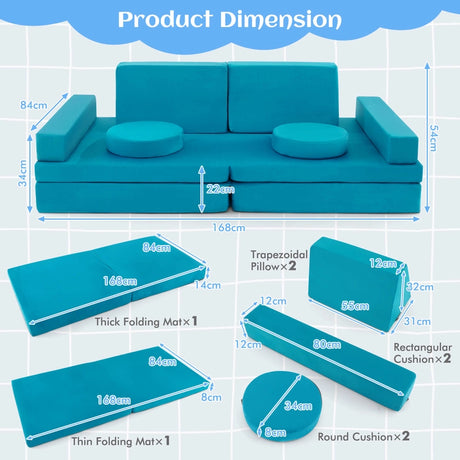 8-Piece Kids Play Couch Sofa with Portable Handle-Green