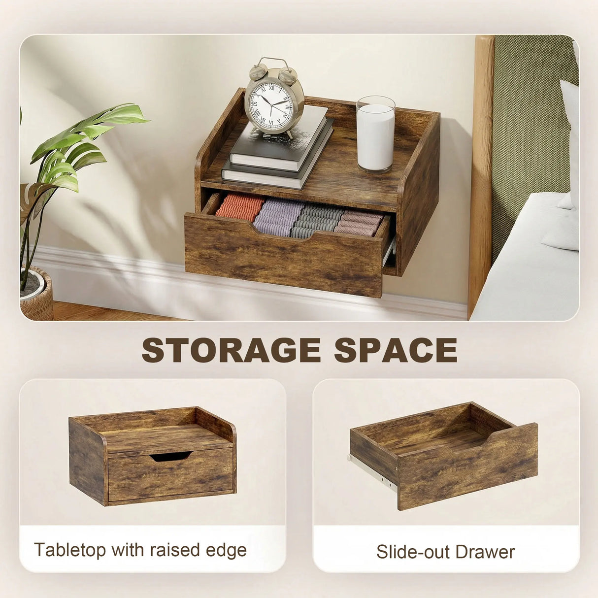 HOMCOM Floating Nightstands Set of 2, Wall Mounted Bedside Table with Drawer for Bedroom, Rustic Brown