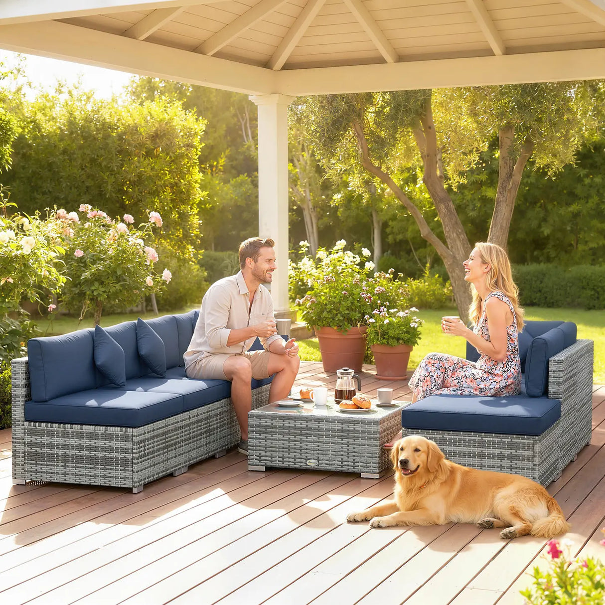 Outsunny 8 Pieces PE Rattan Corner Sofa Set, Outdoor Garden Furniture Set, Patio Wicker Sofa Seater w/ Cushion, Dark Blue