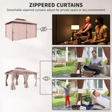 Outsunny 4m x 3(m)Garden Gazebo, Double Roof Outdoor Gazebo Canopy Shelter with Curtains, Solid Steel Frame for Patio, Garden, Brown