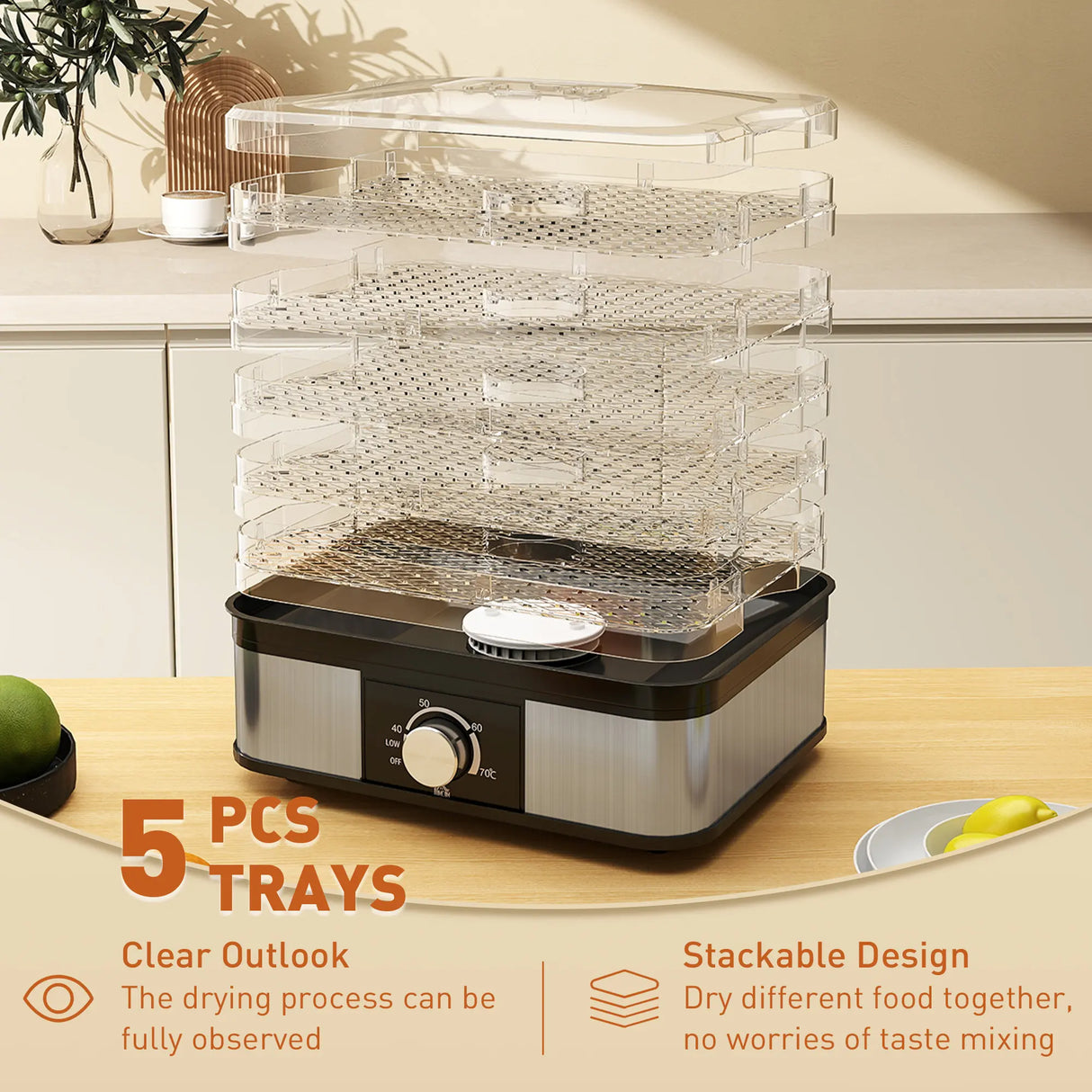 HOMCOM 5 Tier Food Dehydrator, 245W Stainless Steel Food Dryer Machine with Adjustable Temperature for Drying Fruit, Meat, Vegetable, Jerky and Pet Treat, Black
