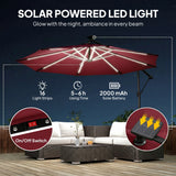 Outsunny 3 m Garden Cantilever Parasol with LED Solar Light, Round Overhanging Umbrella with 360 Rotation, Cover, Wine Red
