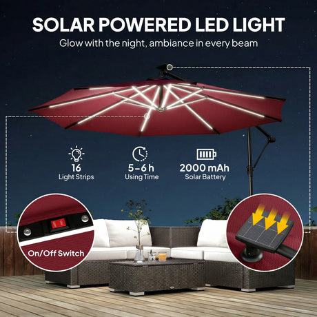 Outsunny 3 m Garden Cantilever Parasol with LED Solar Light, Round Overhanging Umbrella with 360 Rotation, Cover, Wine Red