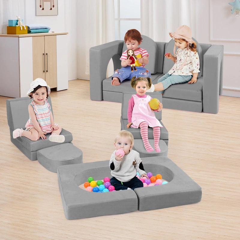 8-Piece Modular Kids Sofa Play Couch Climb Playset with Covers-Grey