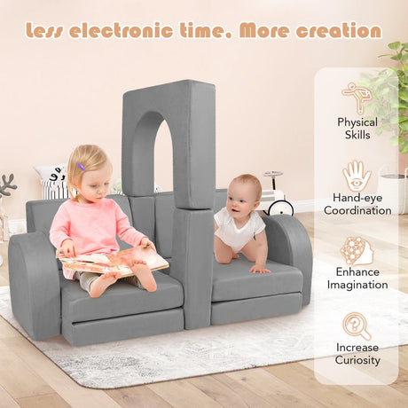 8-Piece Modular Kids Sofa Play Couch Climb Playset with Covers-Grey
