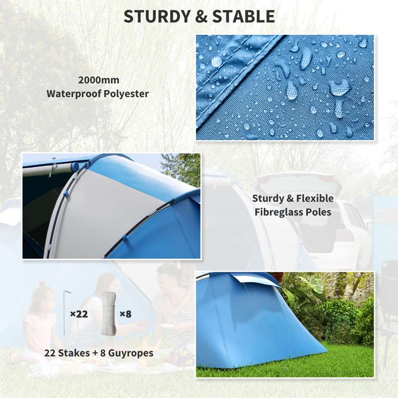 Outsunny 4-6 Man Camping Tent w/ Two Bedroom, Hiking Sun Shelter, UV Protection Tunnel Tent, Blue and White