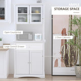 HOMCOM Kitchen Cupboard, Freestanding Storage Cabinet with Glass Doors, Adjustable Shelves, and Open Counter, White