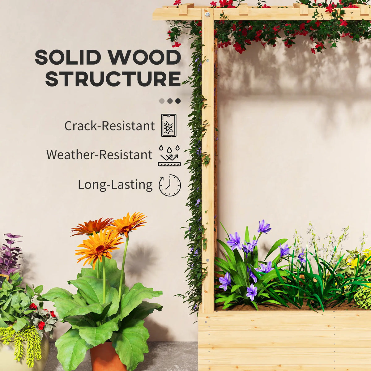 Outsunny Garden Planter with Trellis, Wooden Raised Bed for Garden with Hanging Roof and Drainage Holes, Outdoor Trellis Planter Box for Vegetables, Herbs and Flowers, 110 x 44 x 113 cm, Natural