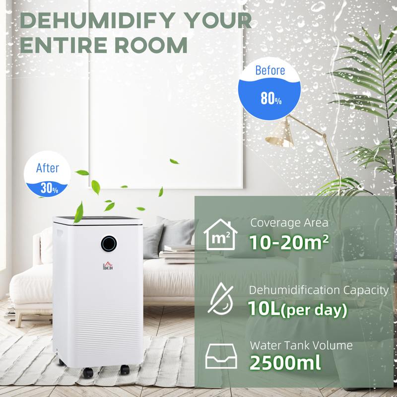 HOMCOM 10L/Day Dehumidifier with 2.5L Water Tank, Digital Display, Intelligent & Sleep Mode, 24H Timer, Laundry Clothes Drying, for Home and Large Room Basement