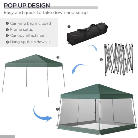 Outsunny Outdoor Garden Pop-up Gazebo Canopy Tent Sun Shade Event Shelter Folding with Adjustable Height, Mesh Screen Side Walls 3.5 M  3.5 M Base / 3 M  3 M Top, Green