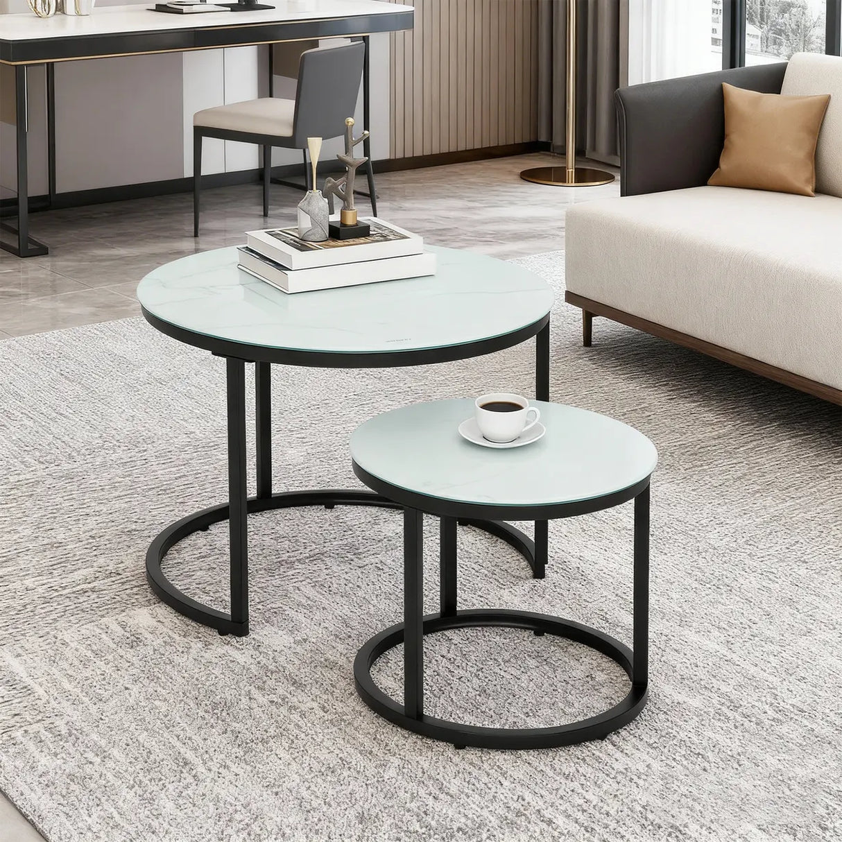 HOMCOM Glass Coffee Table Set of 2, Round Nest of Tables with Marble-Effect Tempered Glass Tabletop and Steel Frame, Modern Side Tables for Living Room, White