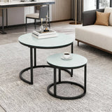 HOMCOM Glass Coffee Table Set of 2, Round Nest of Tables with Marble-Effect Tempered Glass Tabletop and Steel Frame, Modern Side Tables for Living Room, White