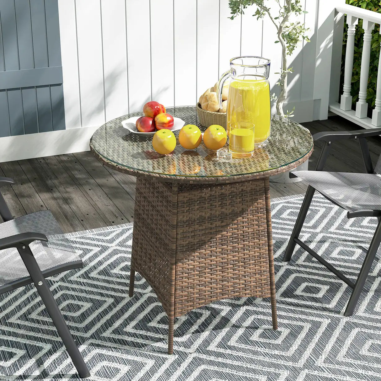 Outsunny Wicker Garden Rattan Table, Patio Furniture Outdoor Coffee Table with Umbrella Hole and Tempered Glass Top, Brown