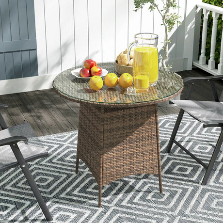 Outsunny Wicker Garden Rattan Table, Patio Furniture Outdoor Coffee Table with Umbrella Hole and Tempered Glass Top, Brown