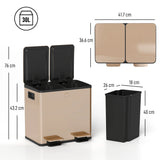 HOMCOM 30L Dual Compartment Stainless Steel Bin, with Deodoriser Holders - Gold Tone