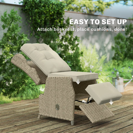 Outsunny Rattan Garden Recliner Chair, Reclining Garden Chair with Adjustable Back and Footrest, Flip Table, Cushion, Brown