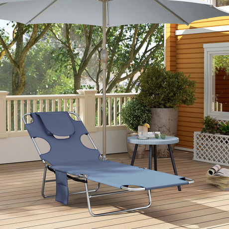 Outsunny Foldable Sun Lounger, Beach Chaise Lounge with Reading Hole, Arm Slots, 5-Position Adjustable Backrest, Side Pocket, Pillow for Garden, Beach, Pool, Grey