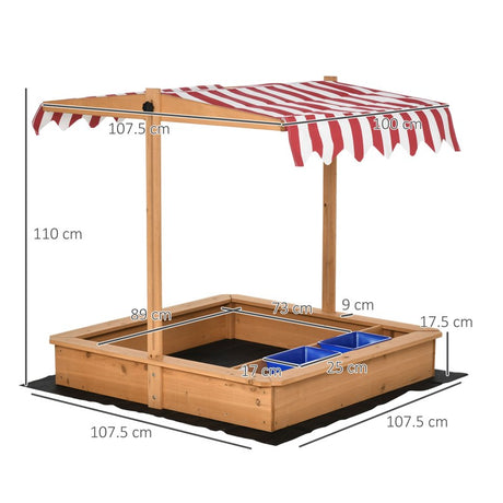 Outsunny Sand Pit Kids Wooden Sandbox with Cover Children Sandpit Play Station Height Adjustable with Canopy, Bottom Liner, Plastic Basins for Outdoor Aged 3-7 Years