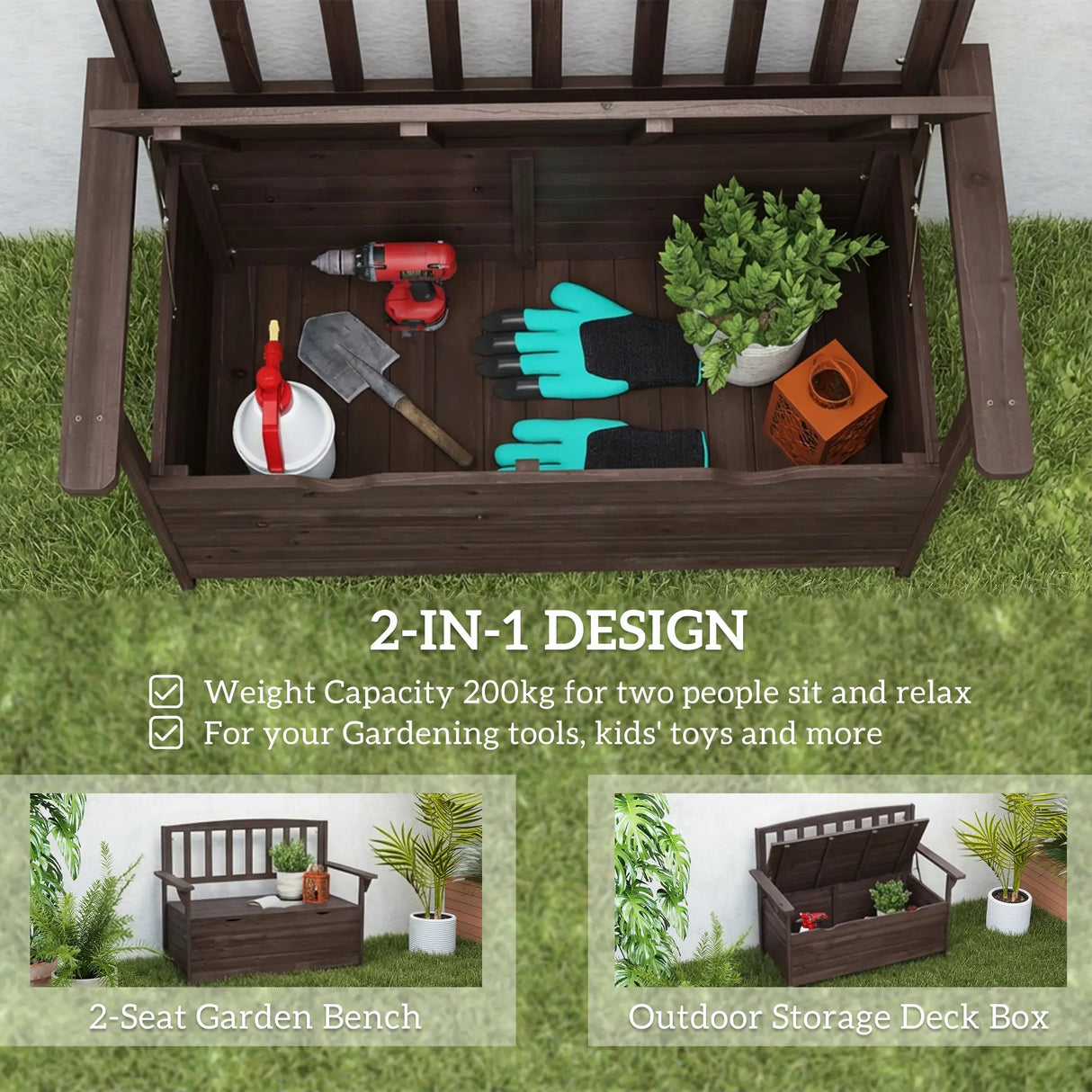 Outsunny Outdoor 2 Seater Garden Bench, Wooden Bench with Storage, Backrest, Arm Rests, 112 x 84 x 58 cm, Brown
